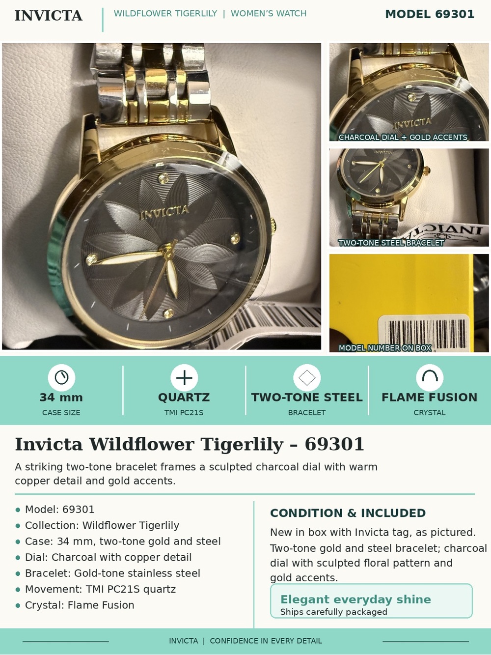 Invicta Wildflower Tigerlily Two-Tone Gold Steel Watch 69301